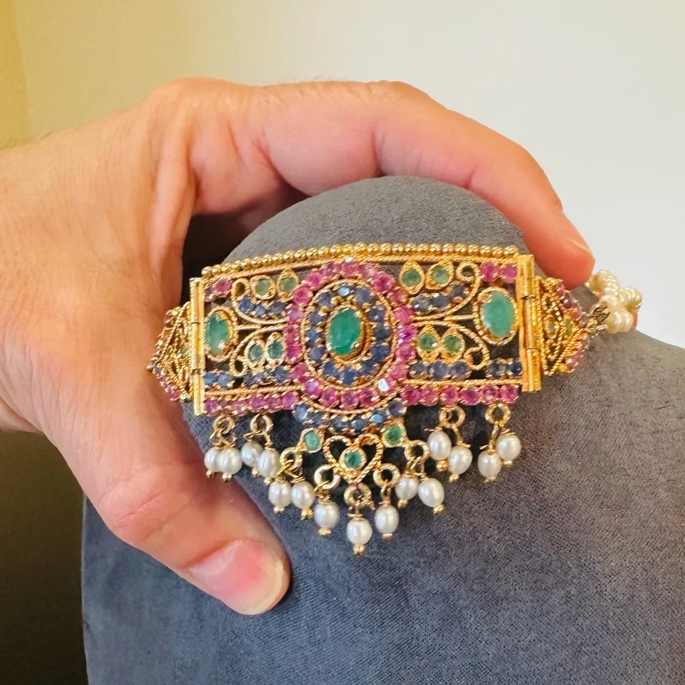 Vintage Estate Luxury Emerald Sapphire Ruby Pearl 24K gold plated Necklace - Picture 12 of 17